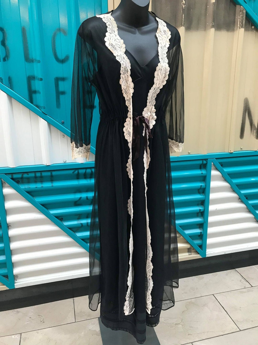 Vintage Sheer Black Robe With Ivory Lace Trim - Etsy