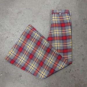 Vintage 1970 JC Penney Kid's Rosso, Navy, Giallo e Bianco Plaid Bell Bottom Flare Pants sz. 10