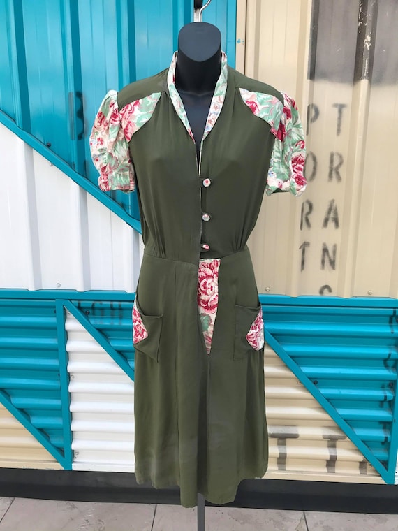 1940s Olive Green Rayon Dress - Size S - image 2