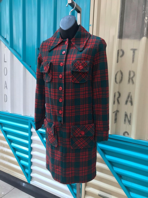 1970s "At Ease" Tartan Wool Shirt Dress - Size S - image 2