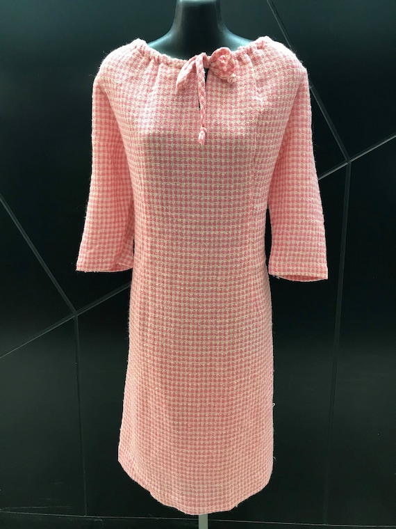 1960s L/S Mod Wool Sheath Dress - Pink/Cream Ging… - image 1