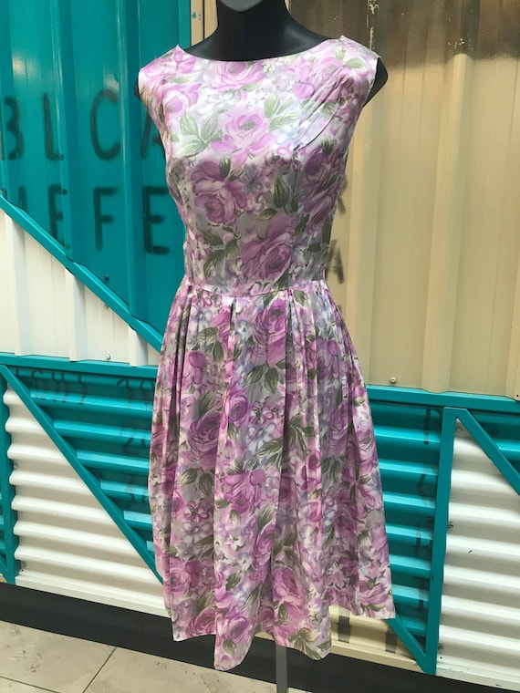 SmallMedium Vintage 60/'s Sleeveless Blue /& Green Saturated Cabbage Rose Floral Dress with Bubble Hem Skirt and Big Waist Bow by Rosenfeld