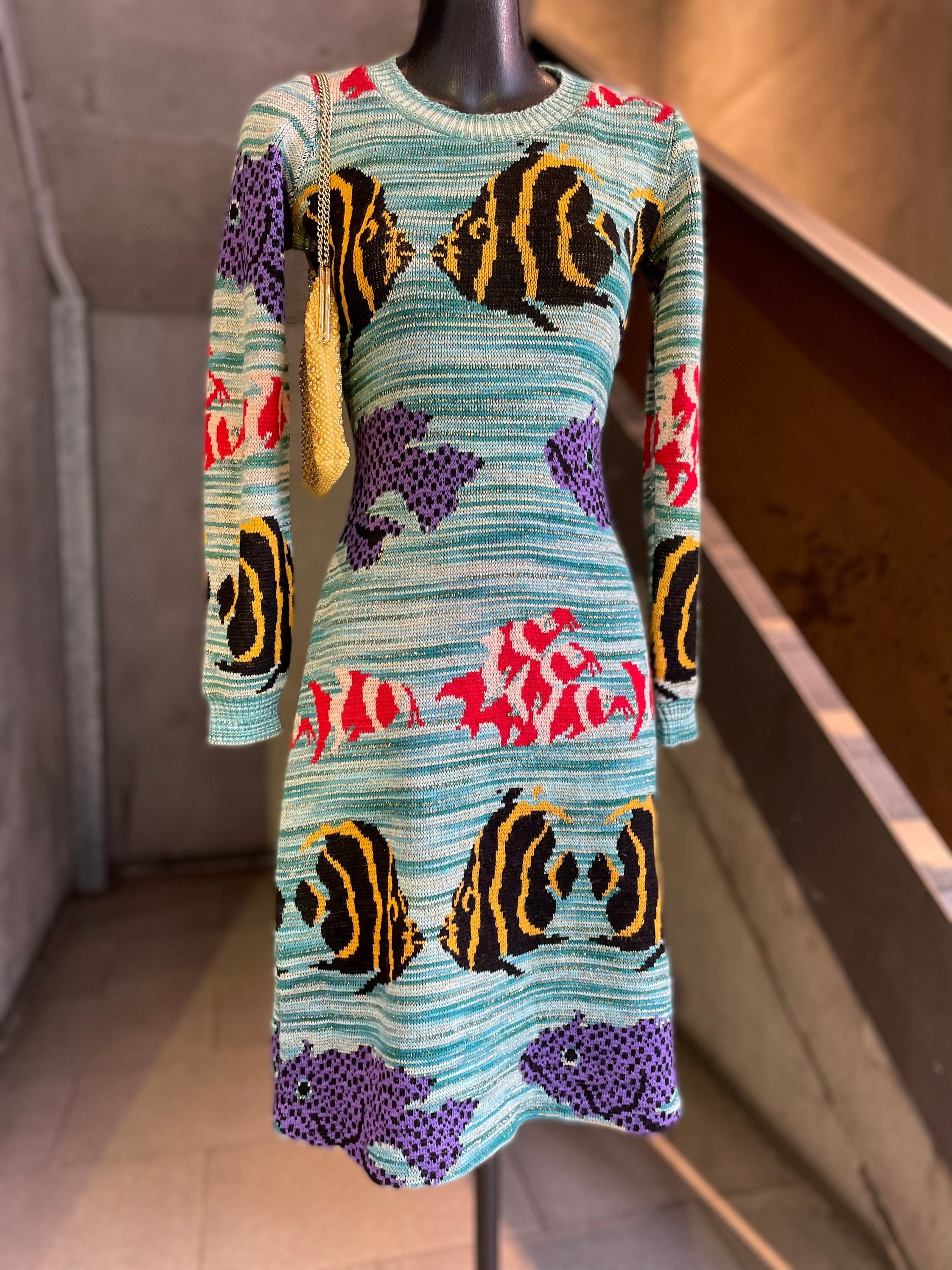 1971 Alley Cat by Betsey Johnson Space Dye Knit Fish Dress Sz Xs