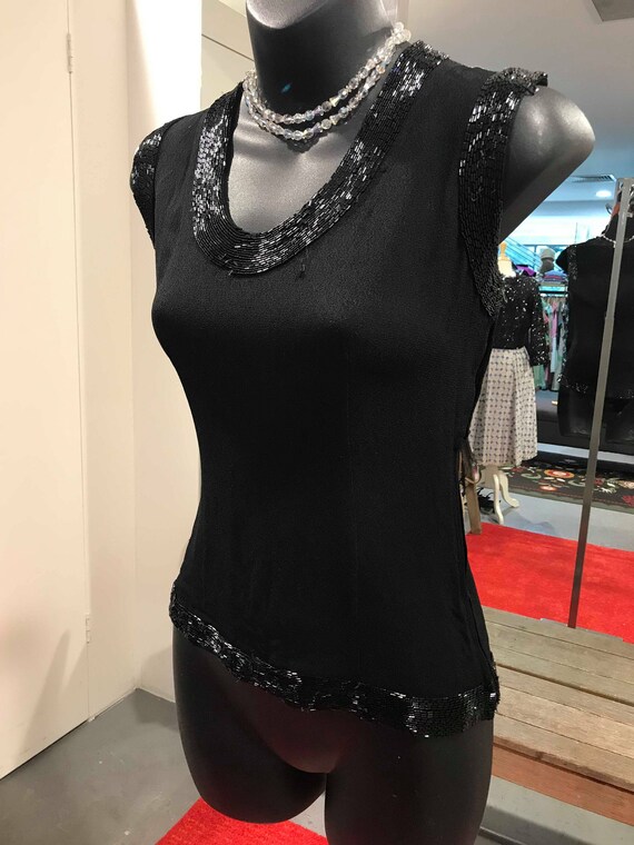 1960s Beaded Black Crepe Blouse