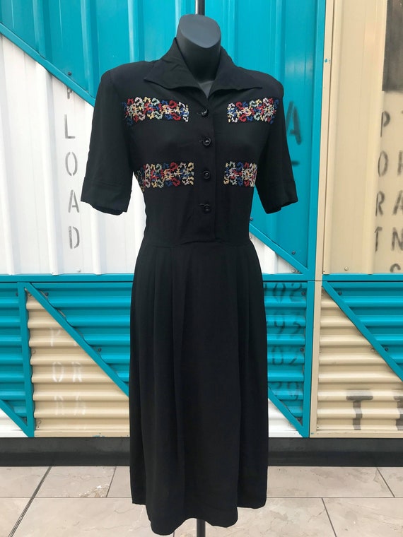 1930s Black Crepe Dress with Beautiful Embroidered
