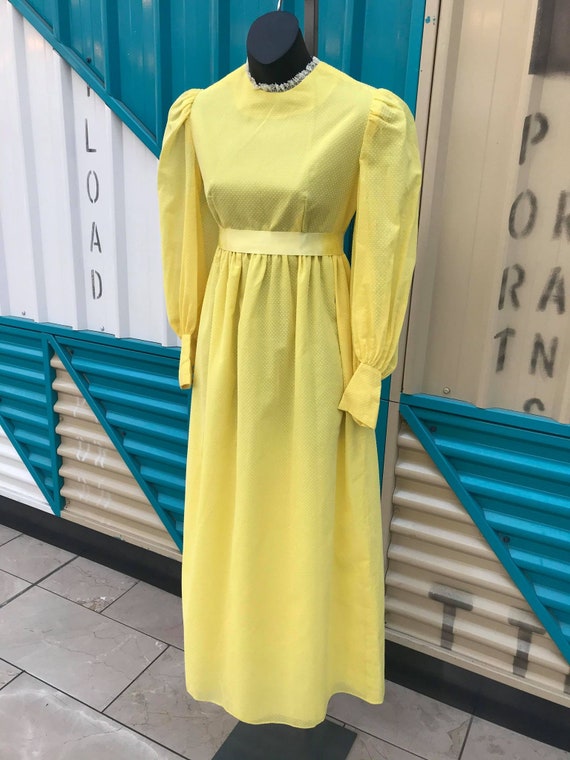 1970s Yellow Long Sleeve Swissdot Maxi Dress