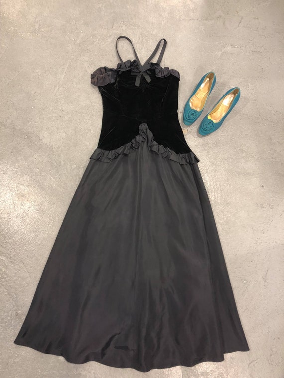 Rare 1930s silk velvet and taffeta halter gown