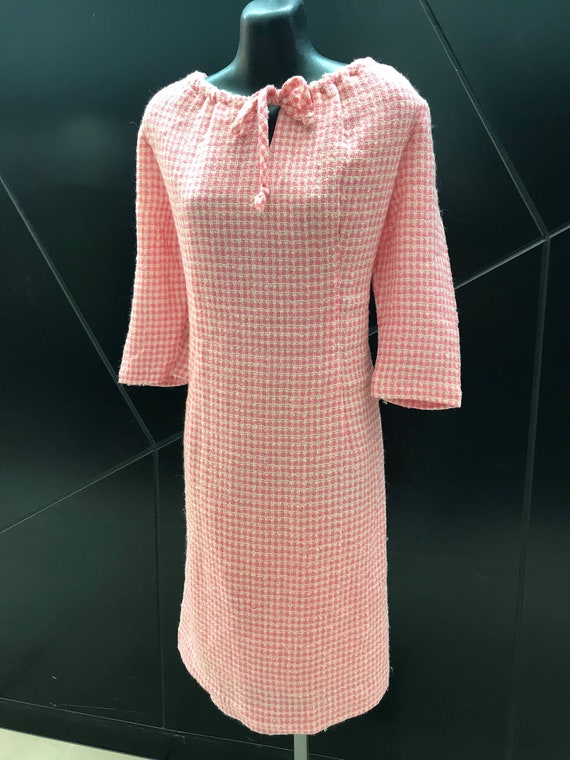 1960s L/S Mod Wool Sheath Dress - Pink/Cream Ging… - image 3