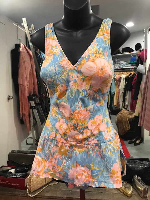 1960s Blue & Pink Floral Swimsuit - "Perfection Fi