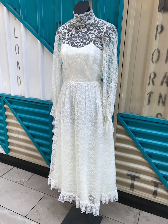 Vintage 1970s White Lace Prairie Dress