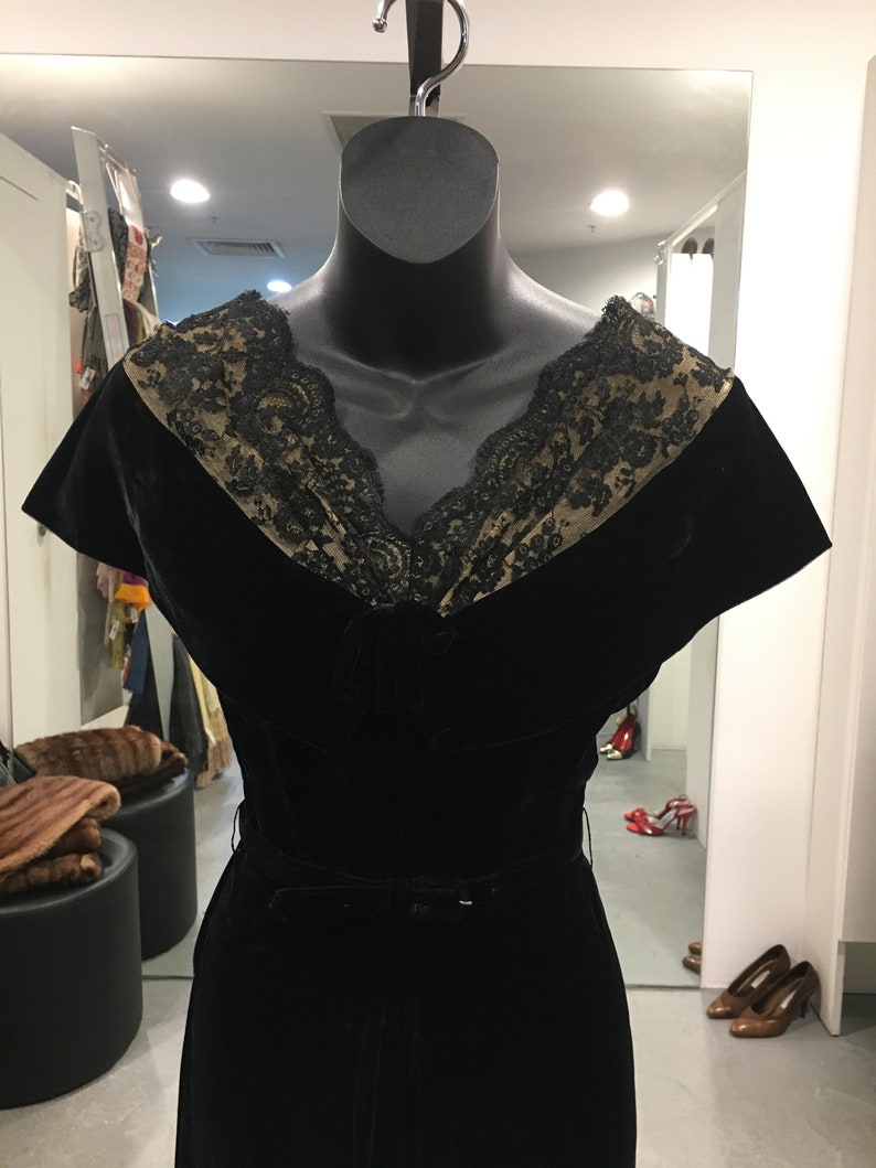 1940s Black Silk Velvet Dress With nude illusion lace 1940s Black Silk Velvet Dress With nude illusion lace