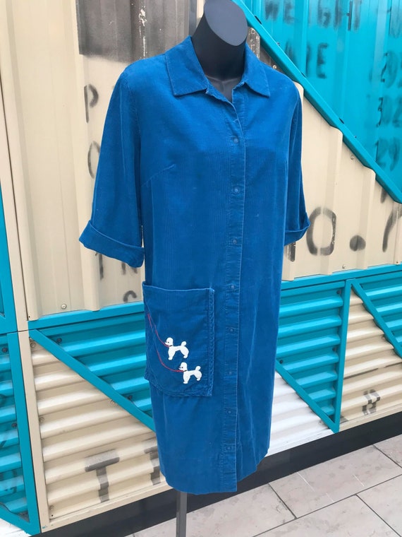 1970s Blue Corduroy Shirt Dress with Cute Dog Appl