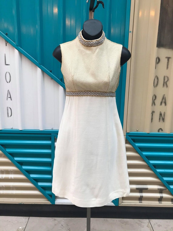 1960s Cream Mini Dress With Gold Netting on Bodice - 26" Empire Waist - Etsy 1960s Cream Mini Dress With Gold Netting on Bodice - 26" Empire Waist - Etsy