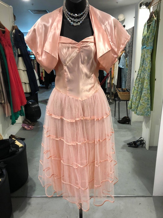 RARE 1940s pink satin and tulle two piece dress s… - image 1