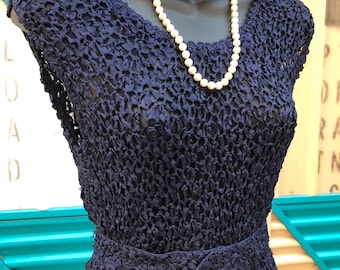 Conjunto de vestido de encaje con cinta de soutache azul marino, años 40, raro (talla S/M)