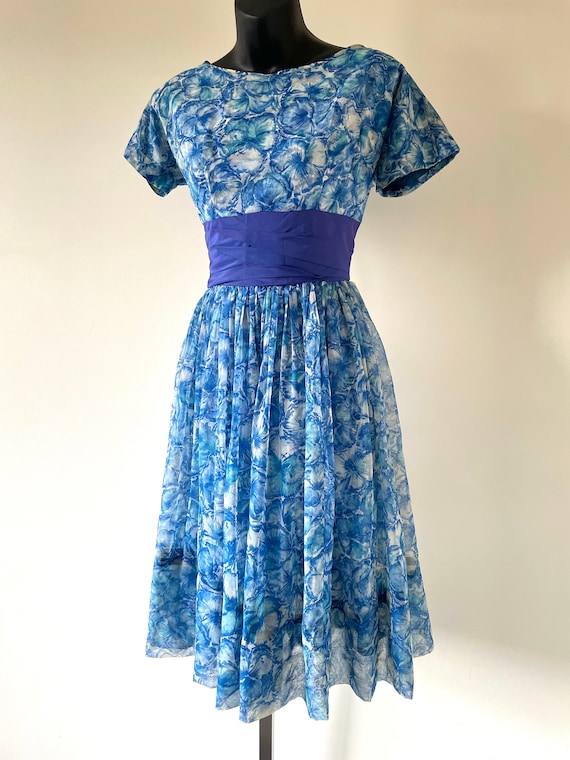 50's Green and Blue Floral Print Fit and Flare Dress by Jeri James main image 0