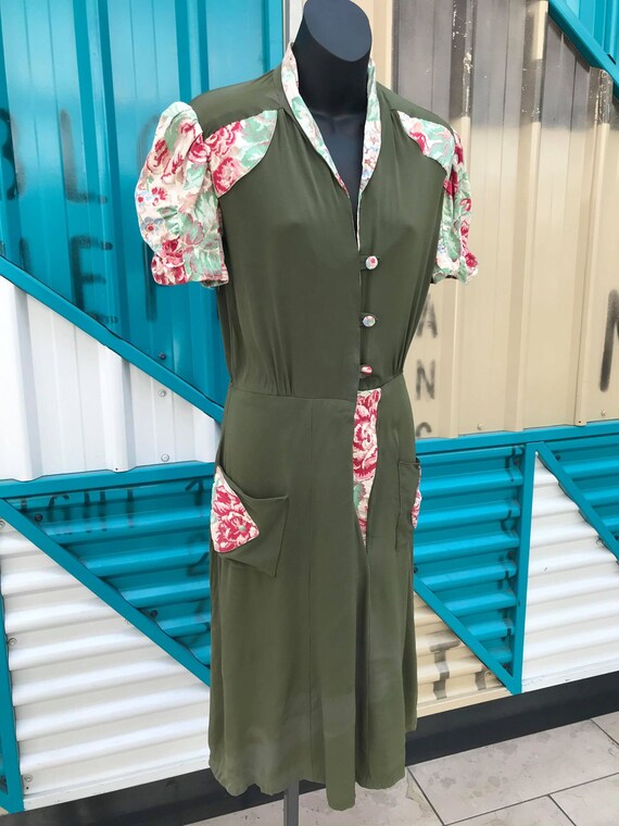 1940s Khaki Rayon Dress with Floral Denim Detail