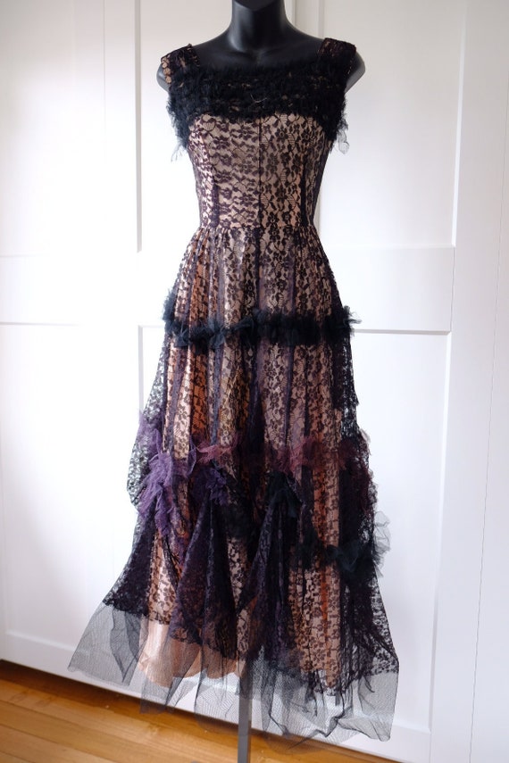 1950s Pale Pink Taffeta & Dark Navy Lace Gown - W:27" PROJECT PIECE - Etsy