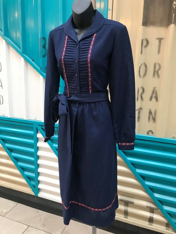 1970s "Lanz Originals" Navy Dress with Floral Embr