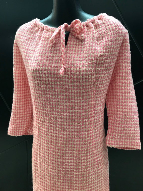 1960s L/S Mod Wool Sheath Dress - Pink/Cream Ging… - image 4