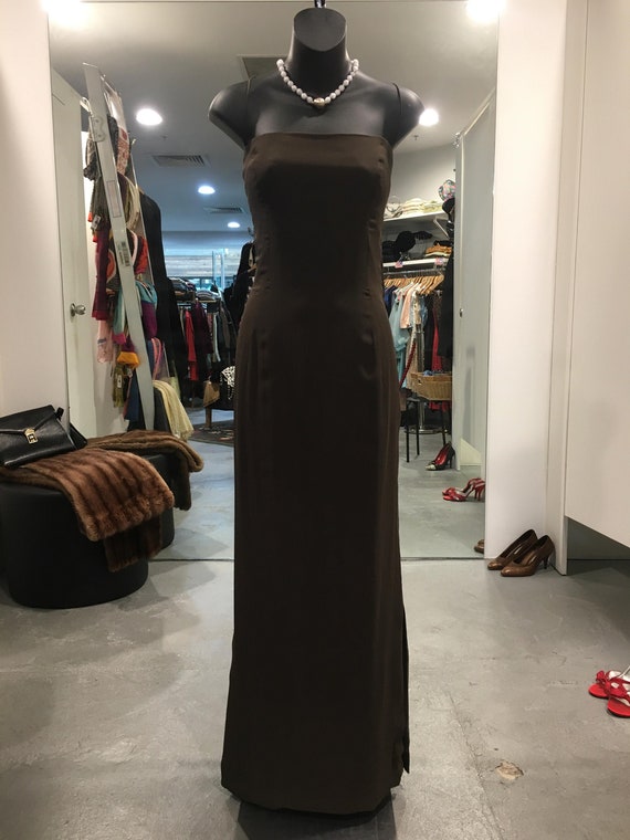 1930s Strapless Rich Brown Evening Gown