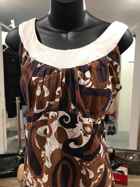 1960s Black, Brown & White Print Dress/ Beach Cove