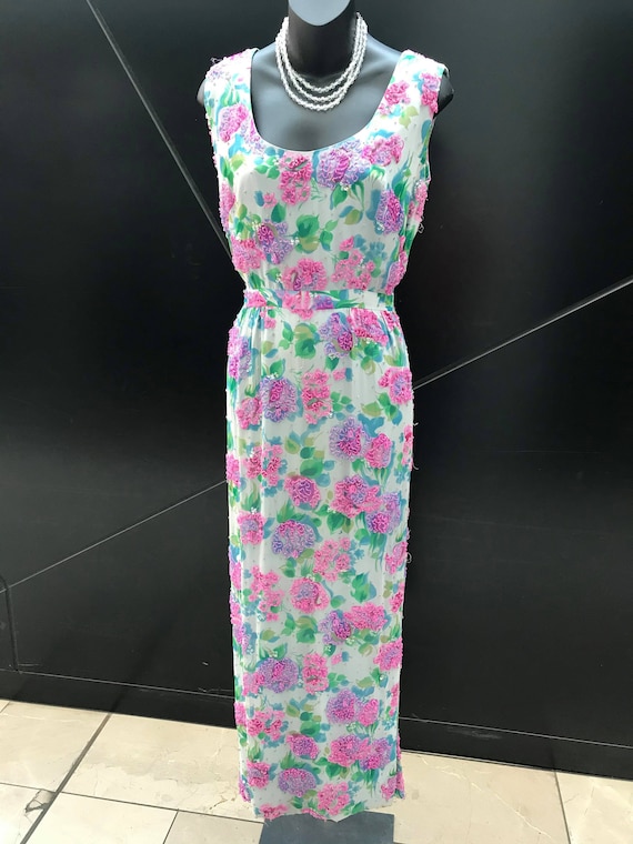 1960s Designer "Malcolm Starr" Beaded Floral Dress