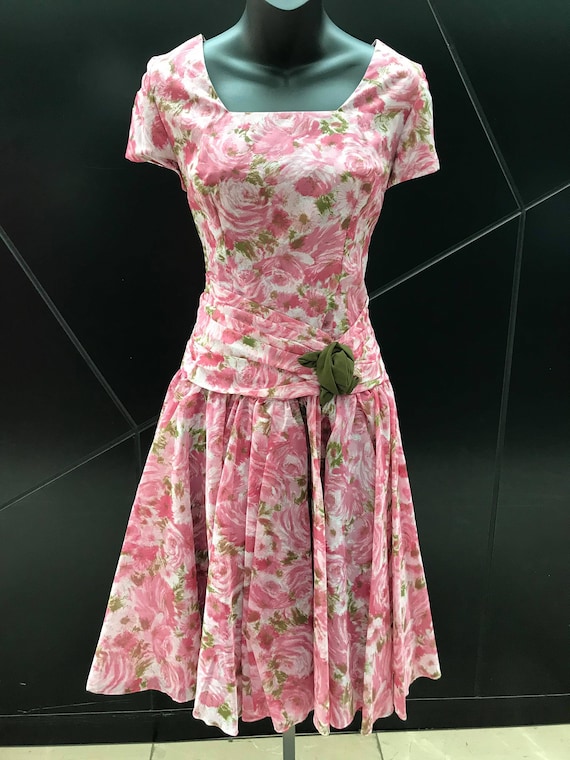 1950s Cabbage Rose Cocktail Party Garden Dress Full Skirt Size M