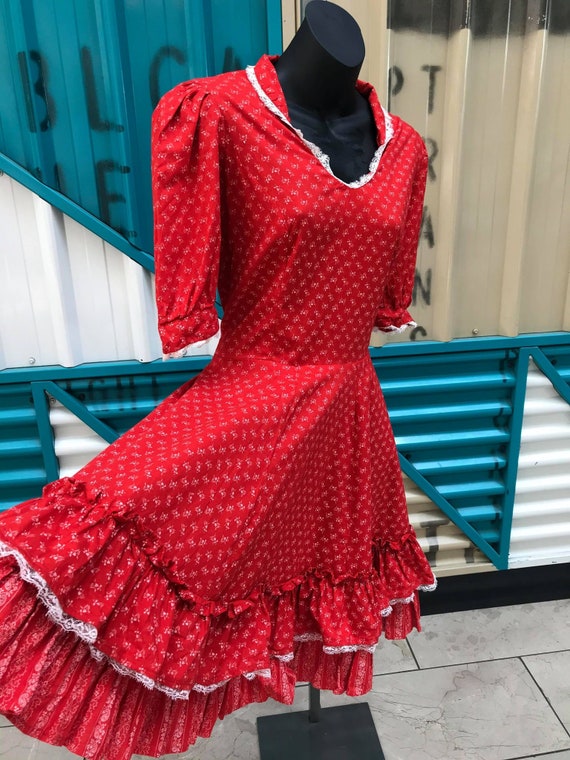 60s 70s Red with White Floral Print Prairie Dress
