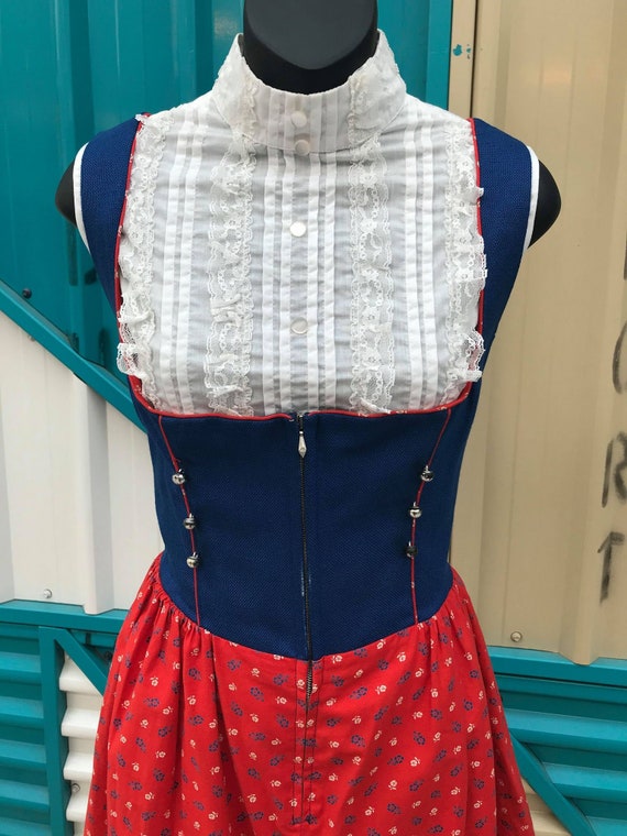 Vintage Navy Dirndl with Red Print Skirt - Size M… - image 3