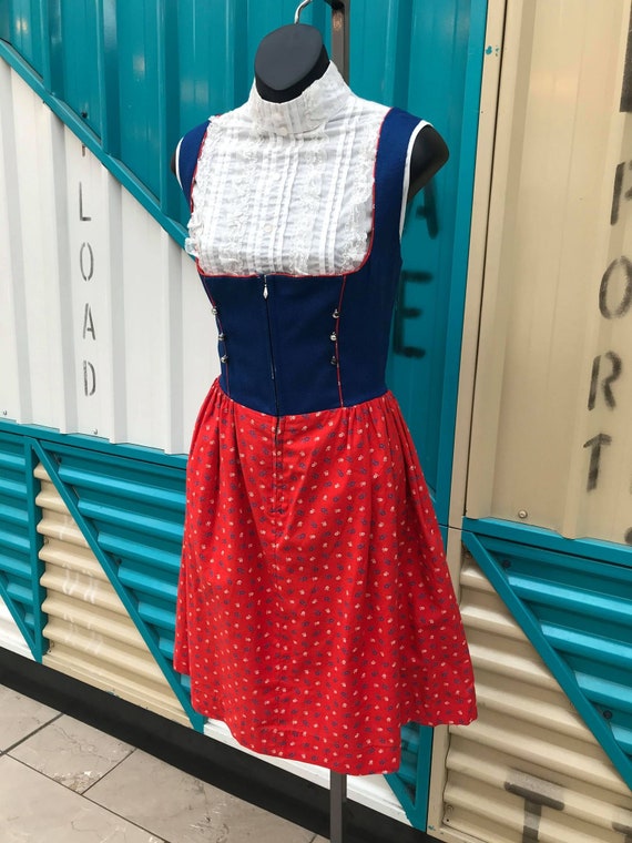 Vintage Navy Dirndl with Red Print Skirt - Size M… - image 2