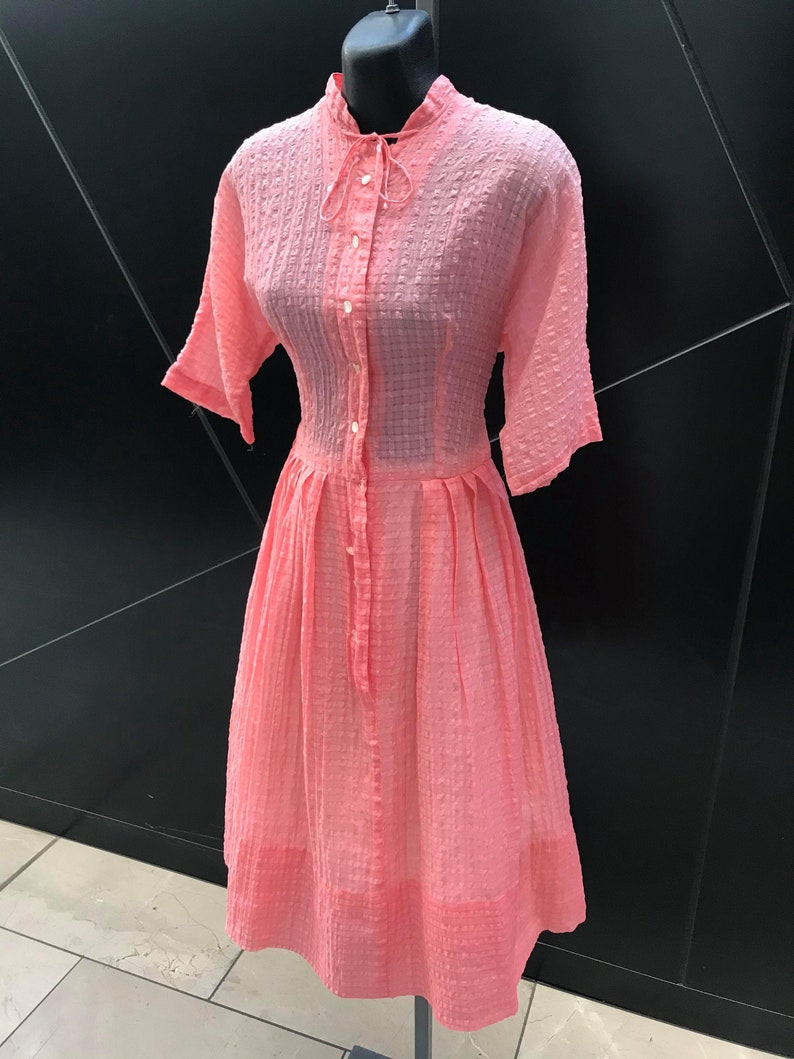 1940s S/S Sheer Button Front Full Skirt Dress Coral Pink. W 27 image 1
