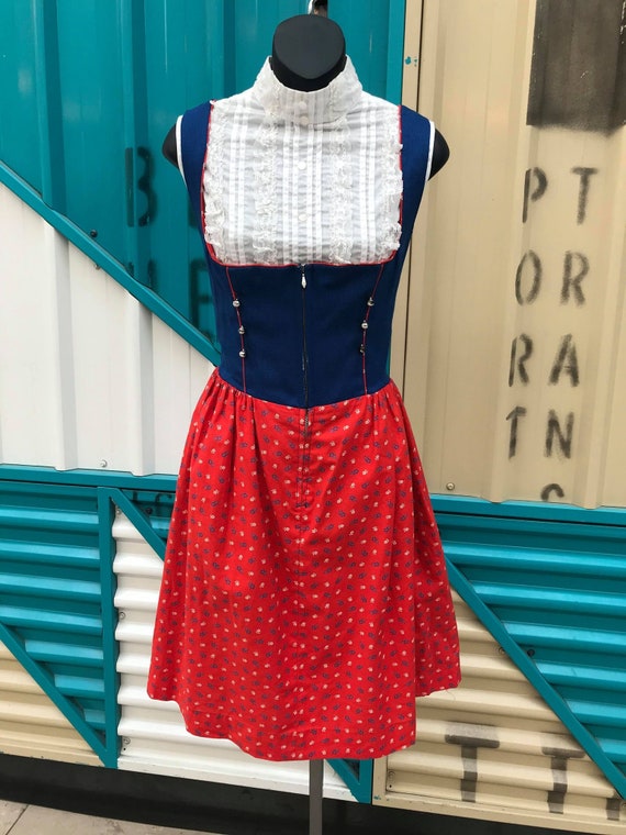 Vintage Navy Dirndl with Red Print Skirt - Size M… - image 1