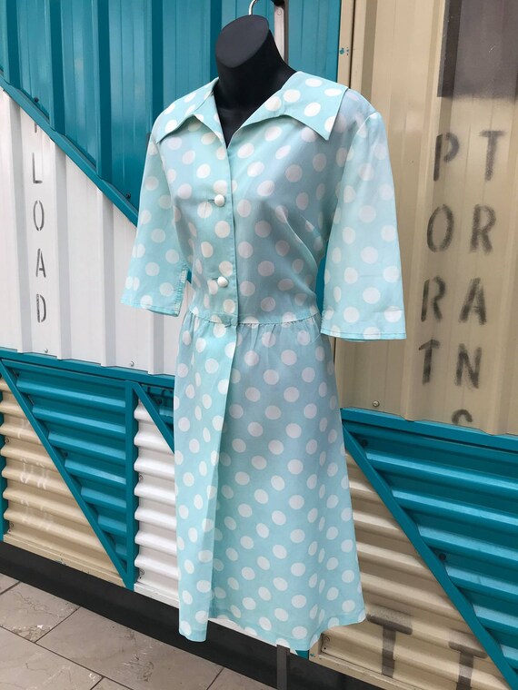 50s 60s "Nelly Don" Eggshell Blue & White Polka Do