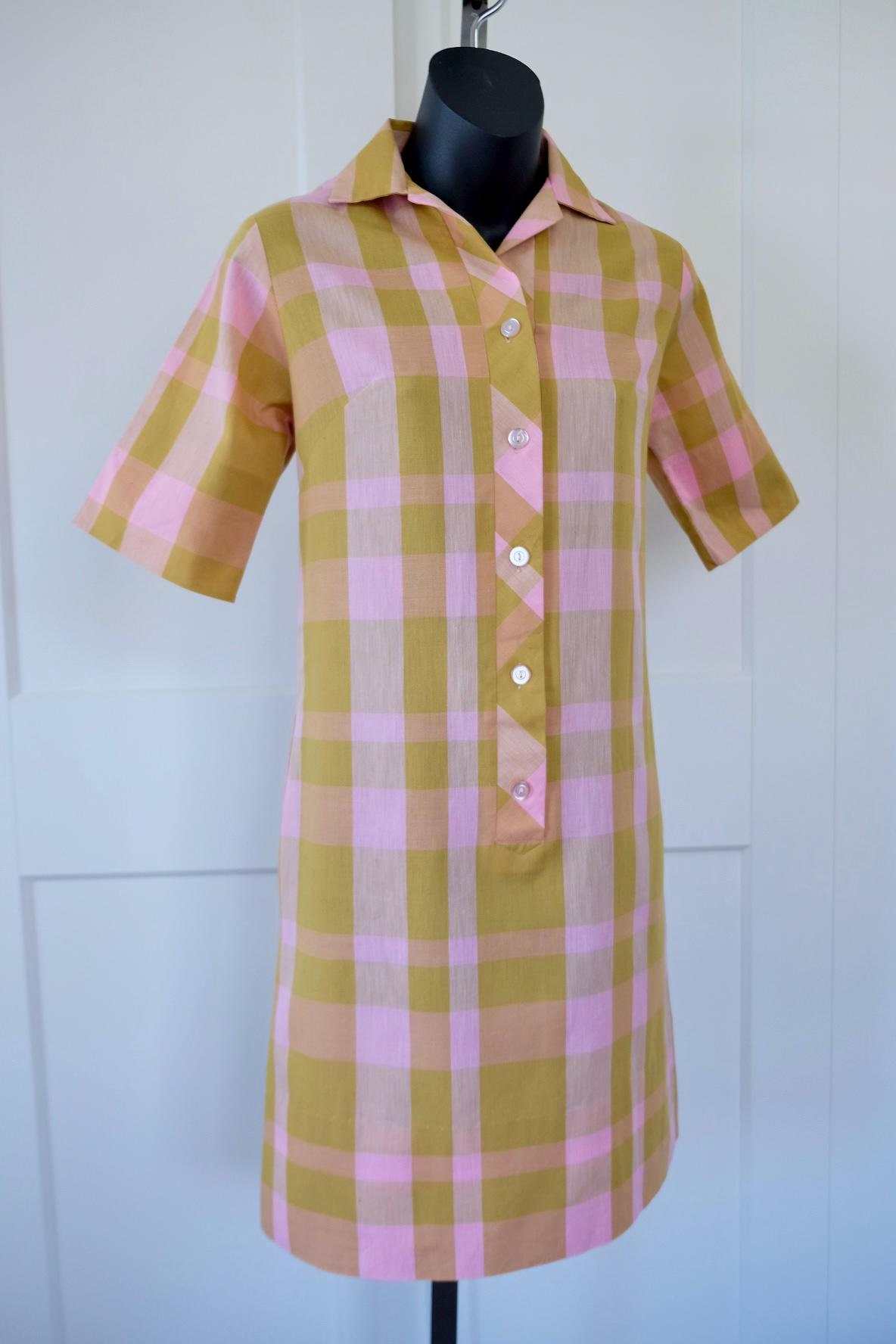 Buy 1960s Permanent Press Pink & Green Check Shirt Dress Size XS/S 