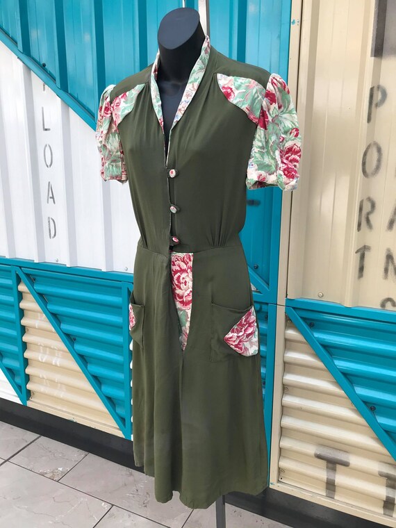 1940s Olive Green Rayon Dress - Size S - image 3