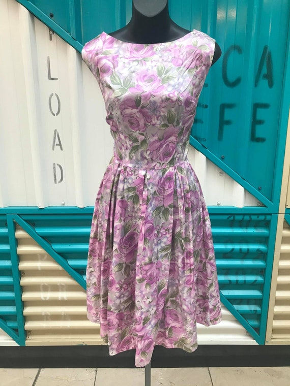 1950s Purple Cabbage Rose Floral Dress - 25" Waist - image 2