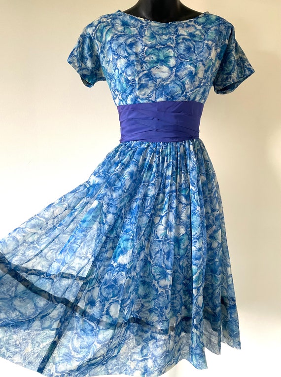 Vintage 50s Blue Floral Rayon Midi Dress Fit and Flare Short Sleeve / S main image 1