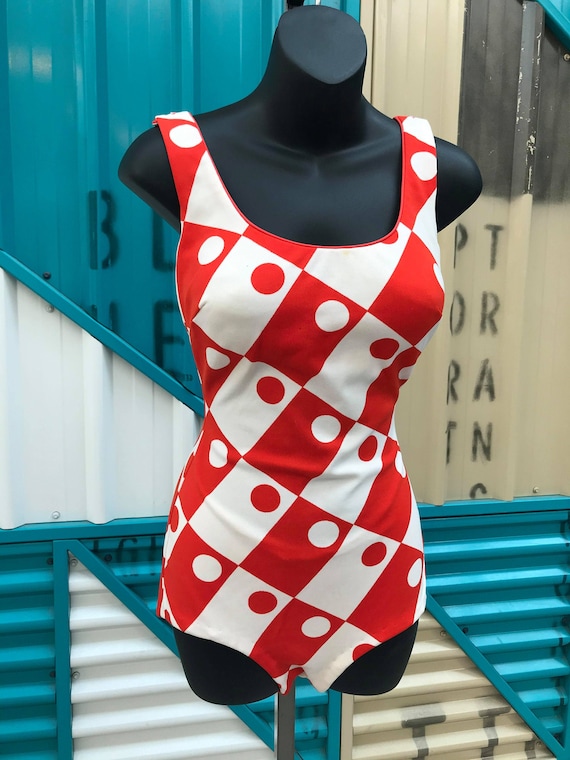 1960s sears Sea Stars Red White Mod Print Swimsuit Fits S M Etsy