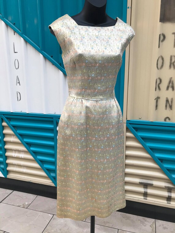 1960s Gold & Pastel Brocade Dress w Low Back