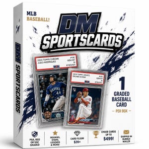 May include: A white box of DM Sportscards with the text "MLB Baseball!" and "DM Sportscards". The box contains a graded baseball card of Julio Rodriguez and Shohei Ohtani. The box also has text that says "1 Graded Baseball Card - Per Box".