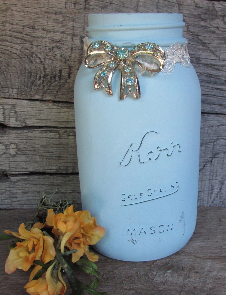 Painted Mason Jar Farmhouse Chic Jar Shabby Chic Jar Blue Etsy
