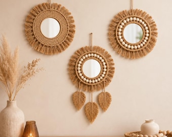 Boho Macrame Mirror, Round Woven Rattan Style Wall Decor, Beaded Fringe Hanging Mirror, Natural Bohemian Nursery Bedroom Accent Decor Gift