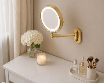 Wall Mounted LED Makeup Mirror, 8 Inch Magnifying Vanity Mirror, 3 Light Modes, Swing Arm Bathroom Mirror, 3X 5X 10X Grooming Mirror Gift