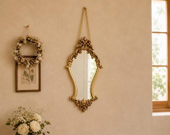 Gold Hanging Chain Mirror, Vintage Style Ornate Baroque Wall Mirror, Small Antique Inspired Mirror for Bedroom Vanity Decor Gift for Her