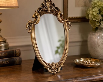 Gold Vintage Style Tabletop Vanity Mirror, Ornate Baroque Standing Mirror, Small Antique Inspired Dresser Decor for Bedroom Vanity Shelf
