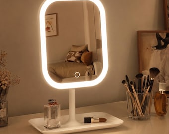 LED Lighted Vanity Mirror, Rechargeable Makeup Mirror with 3 Color Modes, Dimmable Tabletop Mirror, Pink White Bedroom Vanity Decor Gift