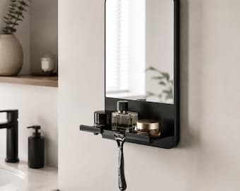 Black Wall Mounted Mirror With Shelf, Modern Bathroom Vanity Mirror, Storage Shelf Wall Decor, Entryway Bedroom Makeup Mirror Home Decor