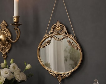 Złote wiszące lustro ścienne, okrągłe lustro na łańcuszku w stylu vintage, ozdobna dekoracja toaletki w stylu barokowym, romantyczna dekoracja ścienna do sypialni, łazienki i salonu