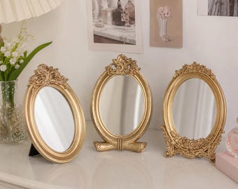 Gold Vintage Style Vanity Mirror, Small Ornate Oval Tabletop Makeup Mirror, Baroque Desk Mirror, Bedroom Vanity Dresser Decor, Gift for Her